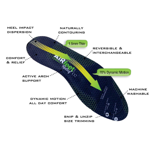 AIR FEET Relief O2 insole provides comfortable plantar fascia support.