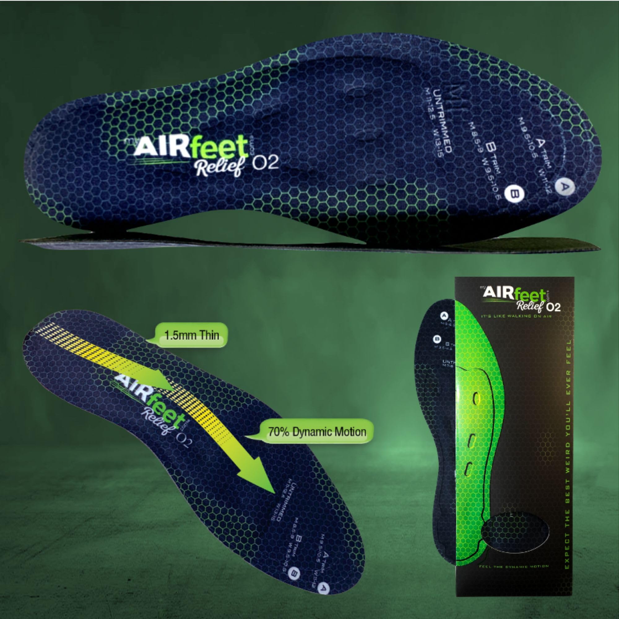 AIR FEET M/L insole fits most feet with arch support.