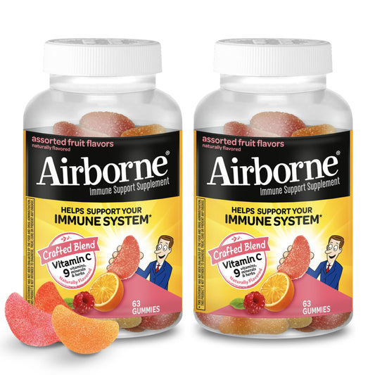 Airborne 750mg Vitamin C gummies bottle shown on a clean surface for immune support use