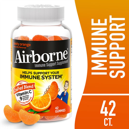 Airborne 750mg vitamin C gummies close-up highlighting antioxidants and chewable texture.