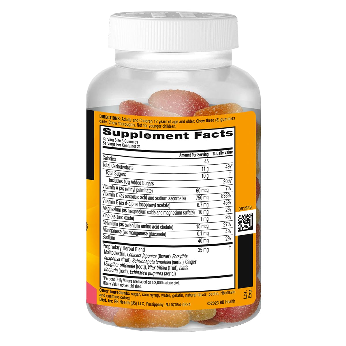 Airborne 750mg Vitamin C Gummies gluten-free label communicates allergen-friendly choice.