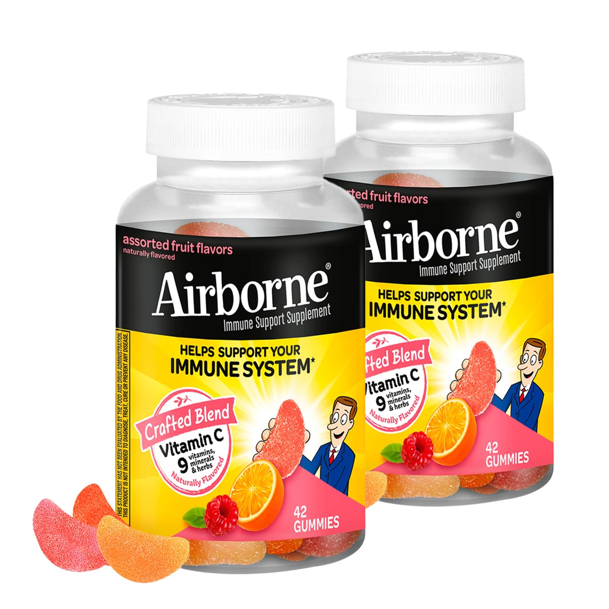 Airborne bottle front with 750 mg Vitamin C gummies for adults.