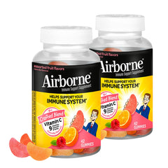 Airborne bottle front with 750 mg Vitamin C gummies for adults.