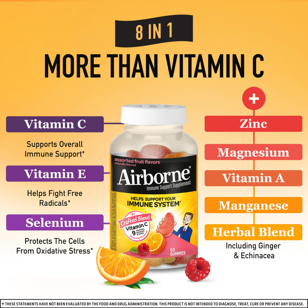 Airborne assorted fruit flavor gummies pack highlighting tasty daily vitamins
