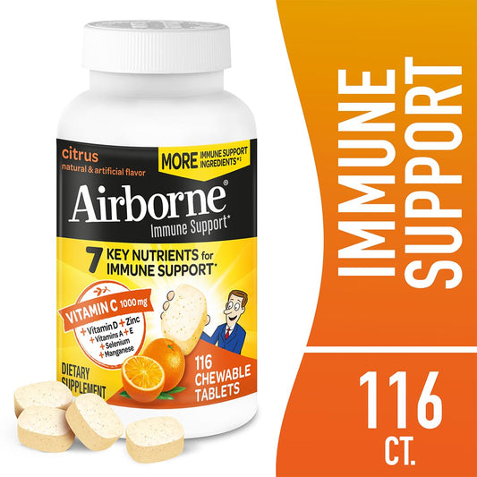 Airborne citrus-flavored chewables display vibrant tablets for easy daily immune support