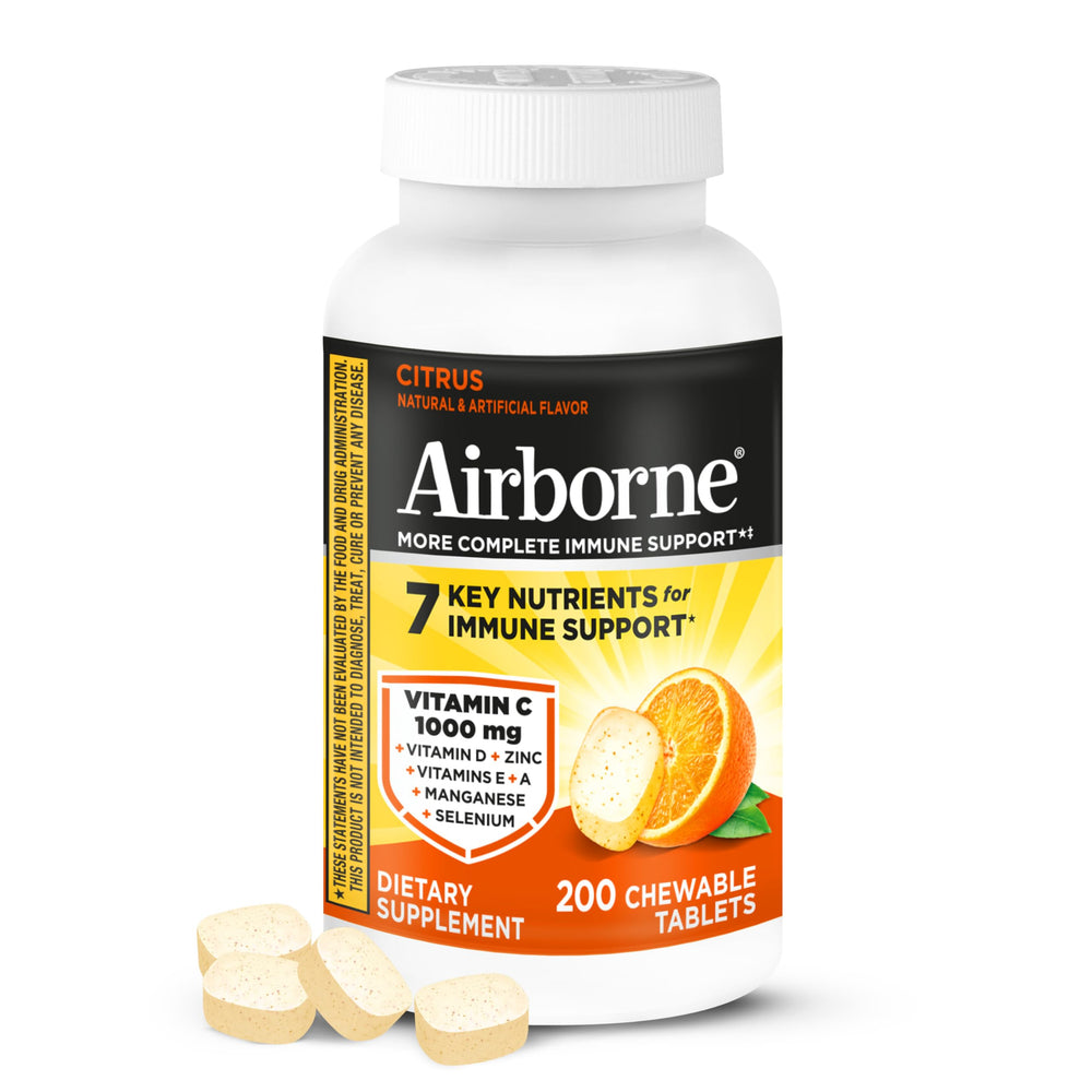 Airborne Citrus chewable tablets bottle highlights 1000mg vitamin C per serving for daily immune support.