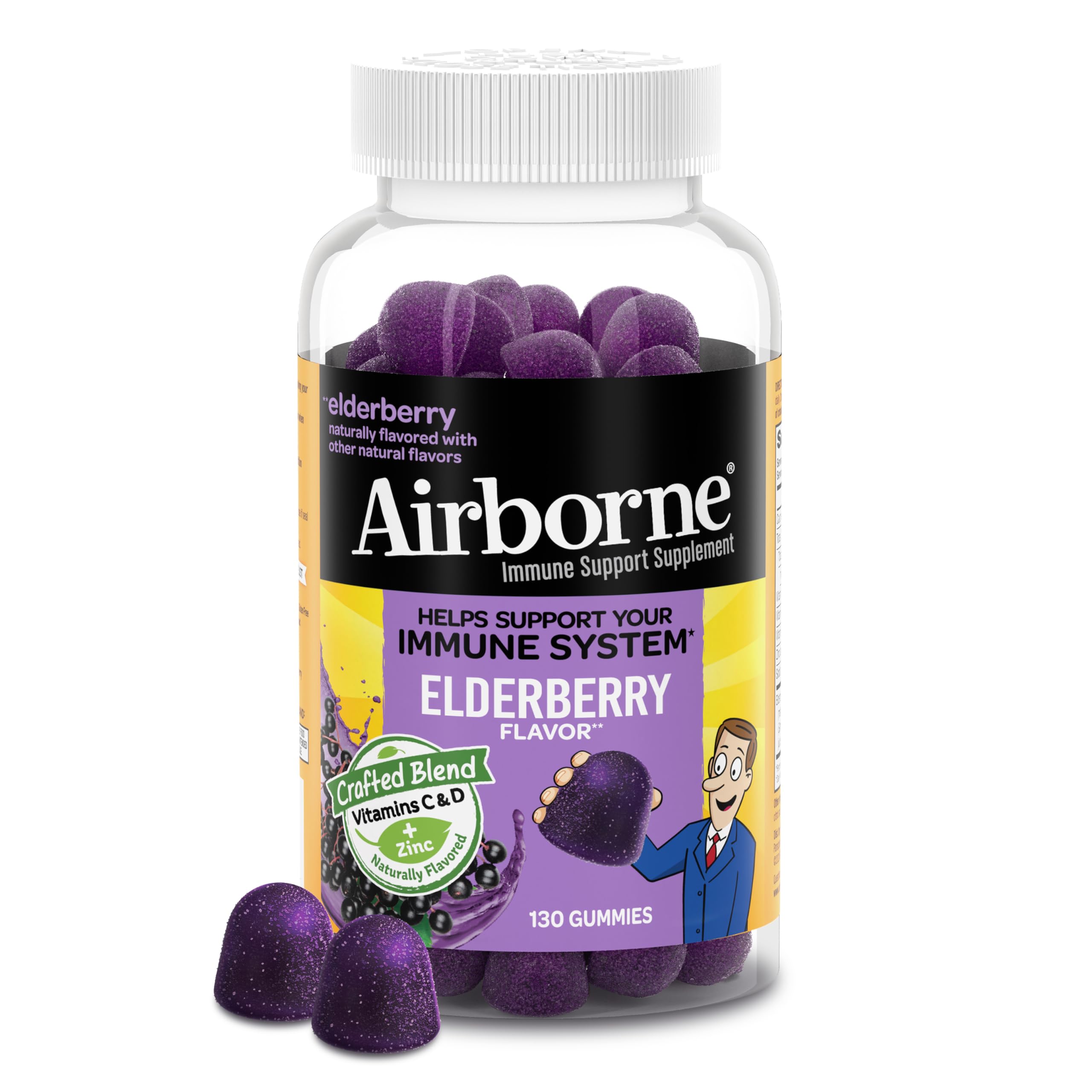 Airborne Elderberry Zinc Vitamin C Gummies bottle front for on-the-go immune support.