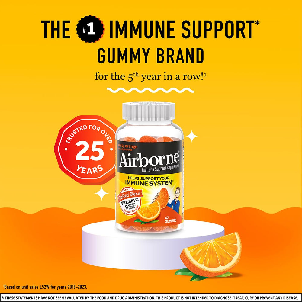 Airborne family-friendly gummies on table convenient for all ages 12+.