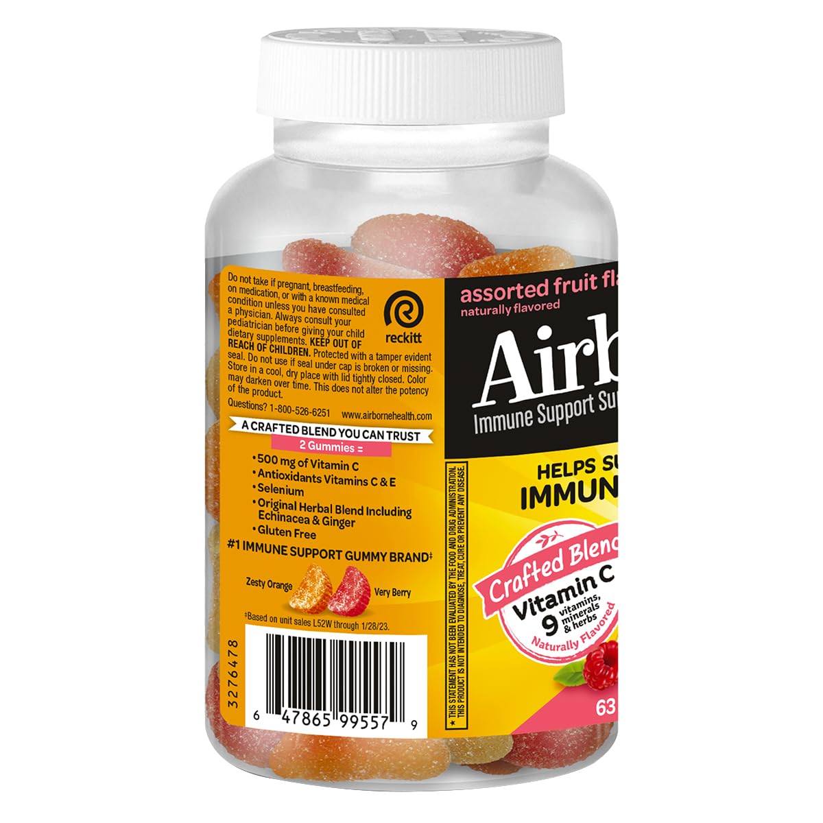 Airborne herbal blend gummies close-up featuring Echinacea and Ginger for flavor.