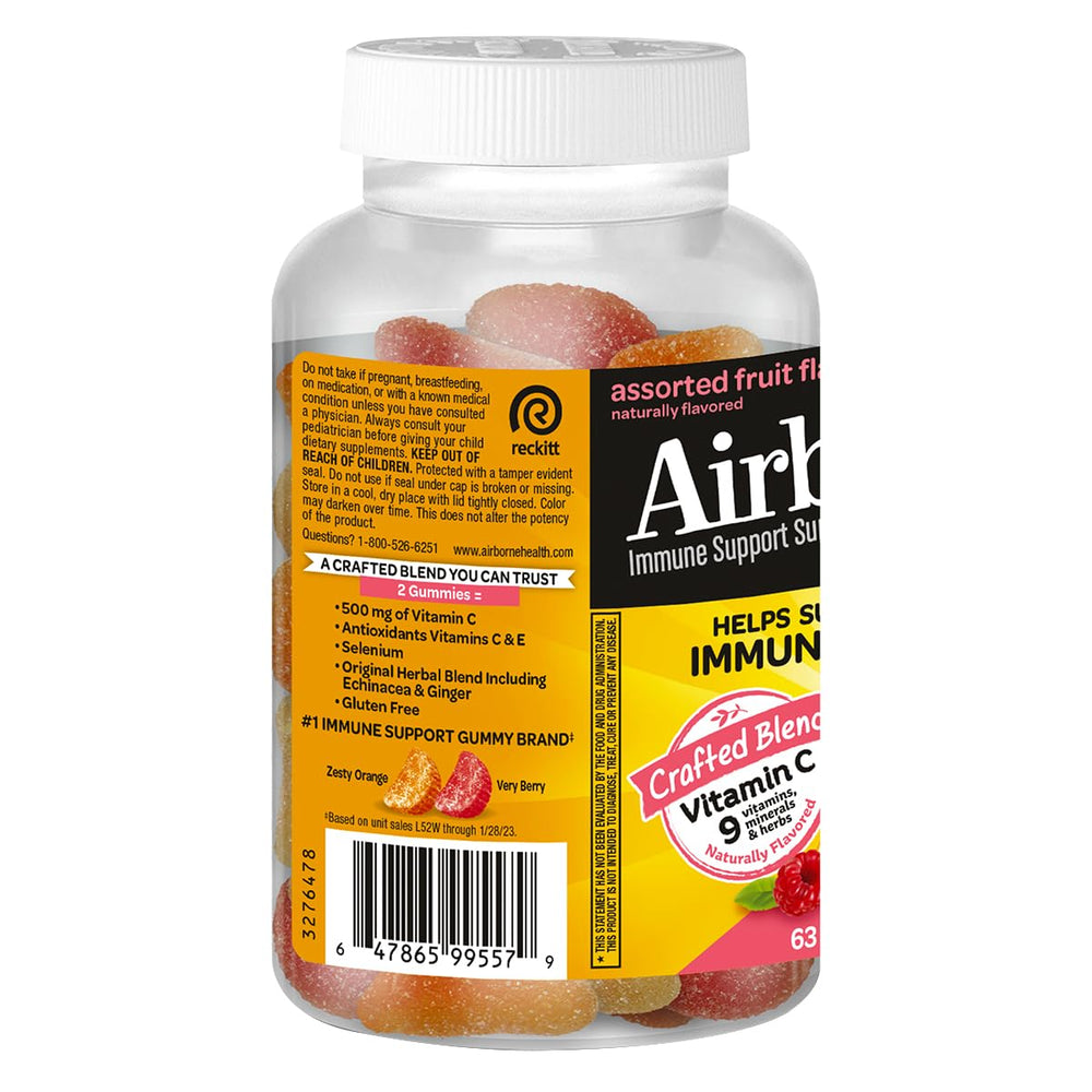 Airborne herbal blend gummies close-up featuring Echinacea and Ginger for flavor.