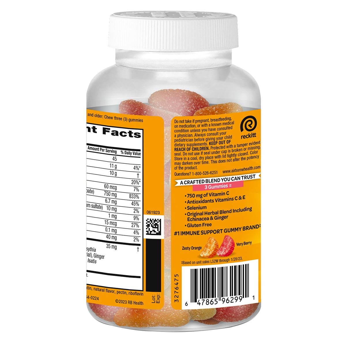Airborne Immune Support bottle front emphasizes gluten-free formula for adults seeking a convenient supplement.
