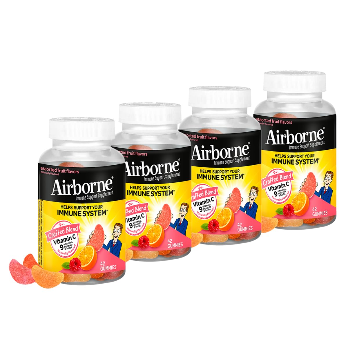 Airborne immune support gummies in an assorted fruit bottle for daily wellness