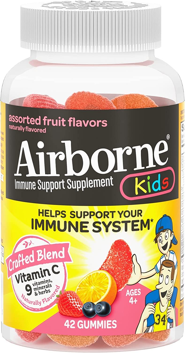 Airborne immune support gummies bottle for kids with fruit flavor and easy chew.