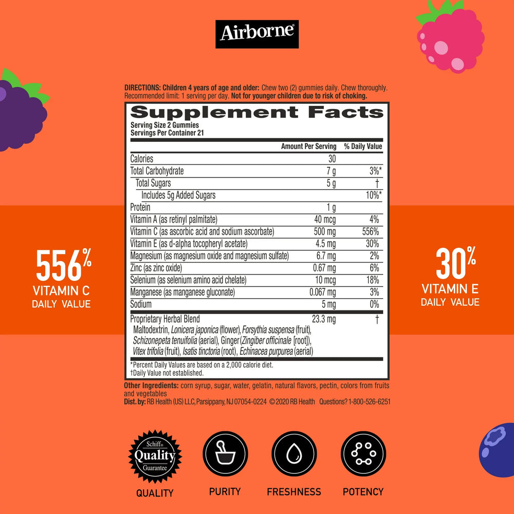 Airborne immune support gummies close-up highlighting vitamins and herbs.