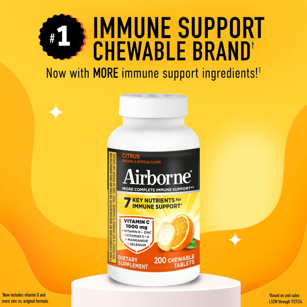 Airborne immune-support vitamins with zinc and selenium on display for antioxidant support.