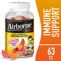 Airborne Kids zinc immunity gummies pack highlights immune support in a tasty chew.