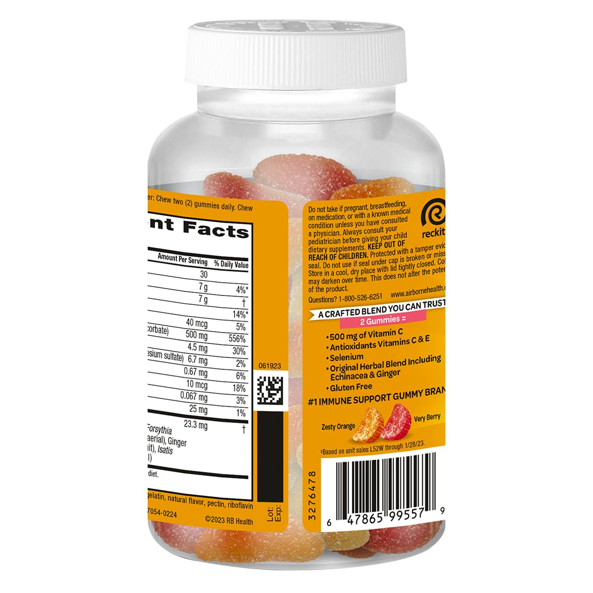 Airborne Vitamin C and E antioxidants gummies label emphasizes powerful antioxidant support in a chew.