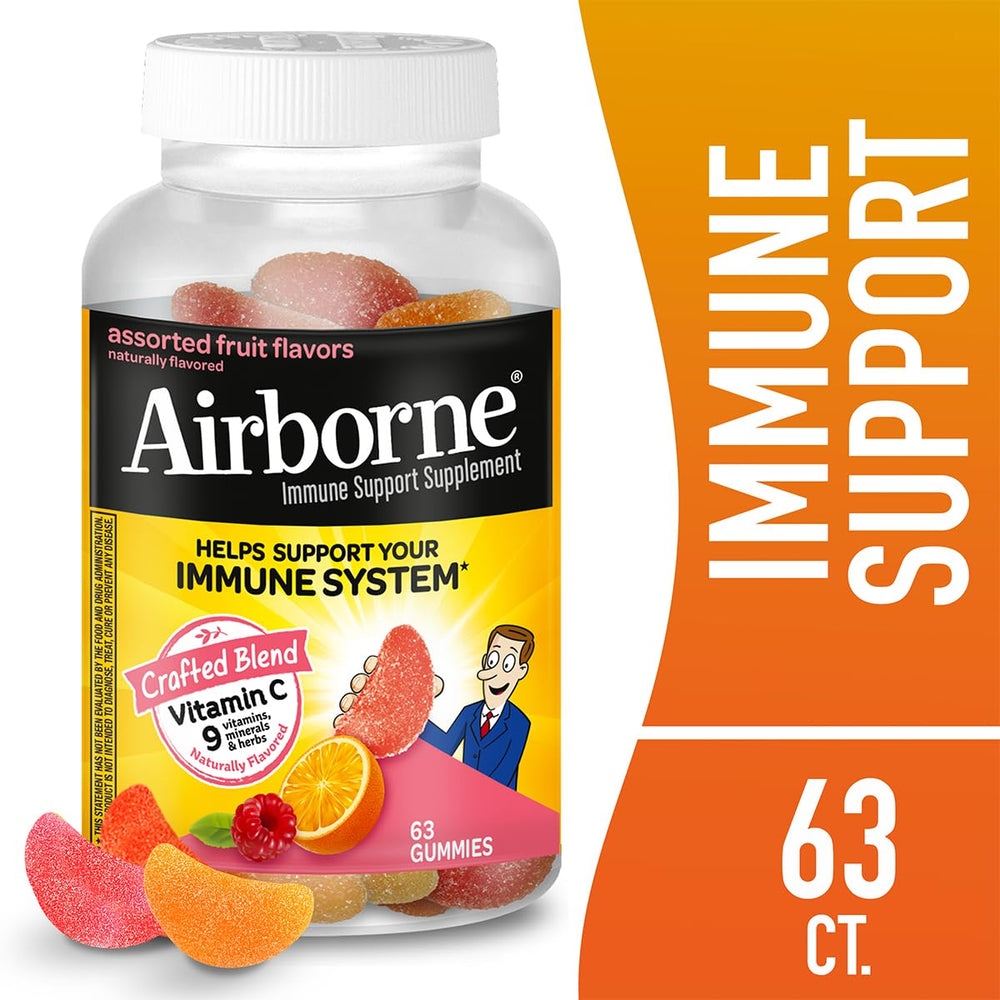 Airborne Vitamin C Gummies assorted fruit flavor closeup highlights chewy texture and tasty daily support.