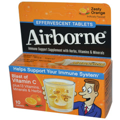 Airborne Zesty Orange effervescent tablets bottle, convenient daily immune support with vitamin C.