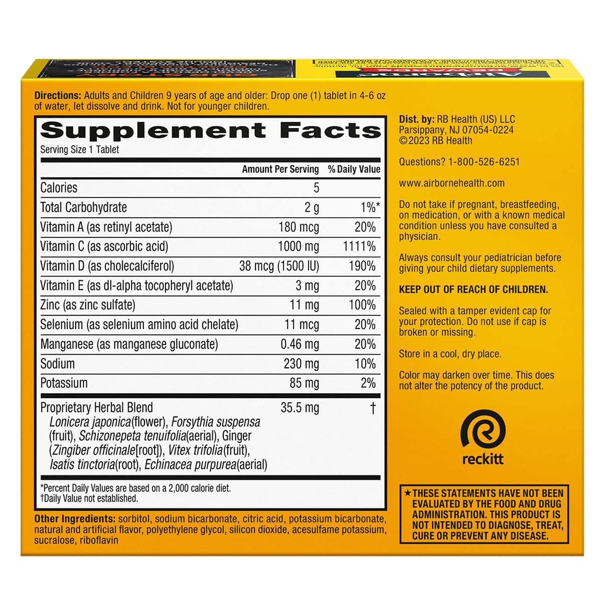 Airborne zesty orange flavor sugar-free formula ideal for on-the-go