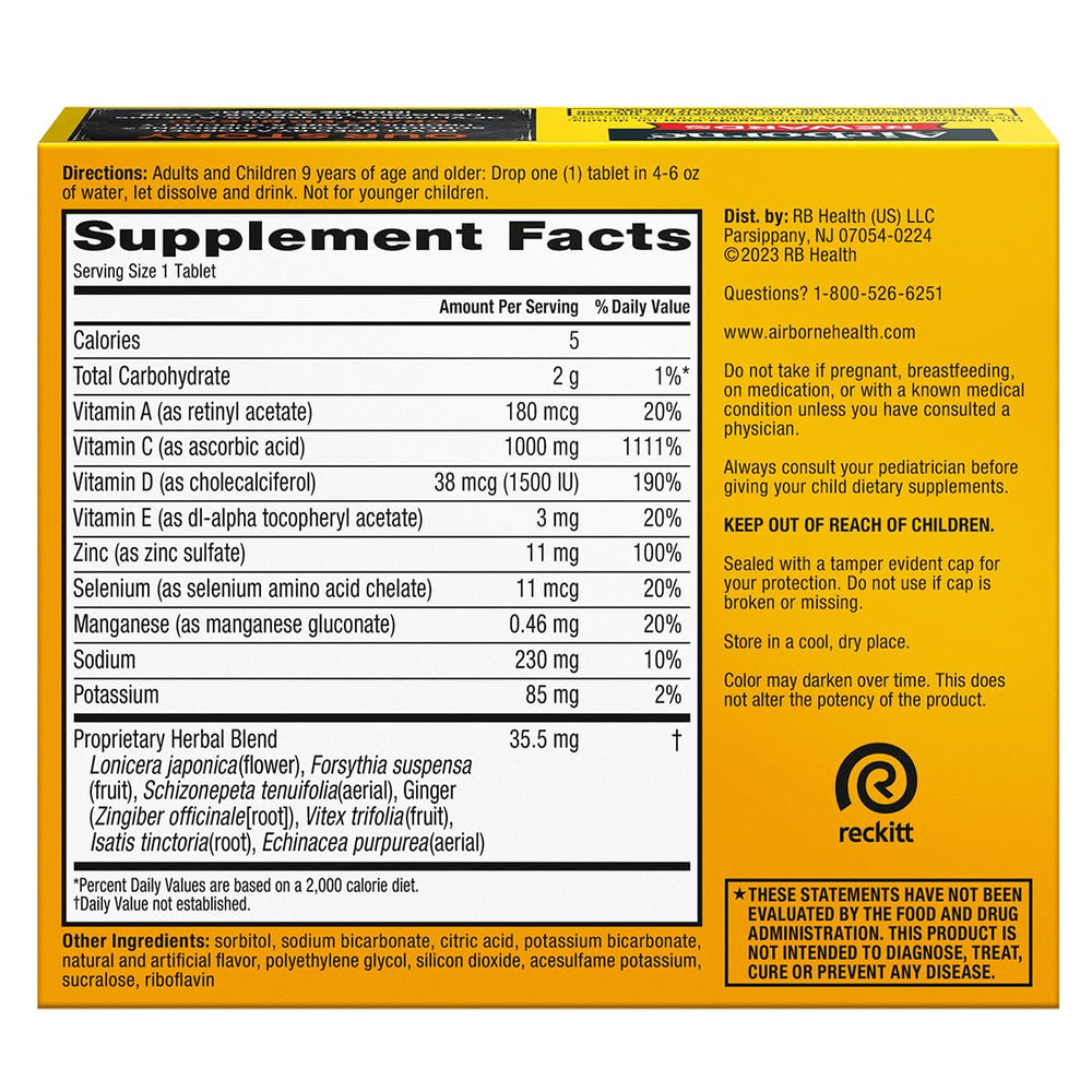 Airborne zesty orange flavor sugar-free formula ideal for on-the-go