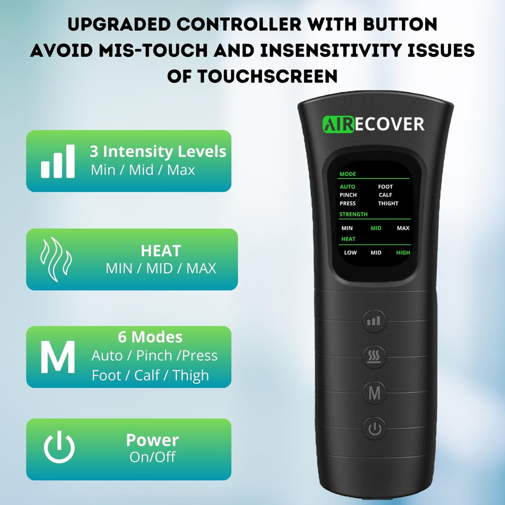 Airecover massager wrapped on calf, promoting leg comfort and circulation.
