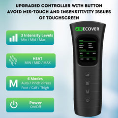 Airecover massager wrapped on calf, promoting leg comfort and circulation.