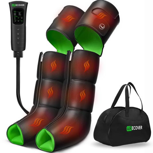 Airecover leg massager with heat, front view, ready for home use.