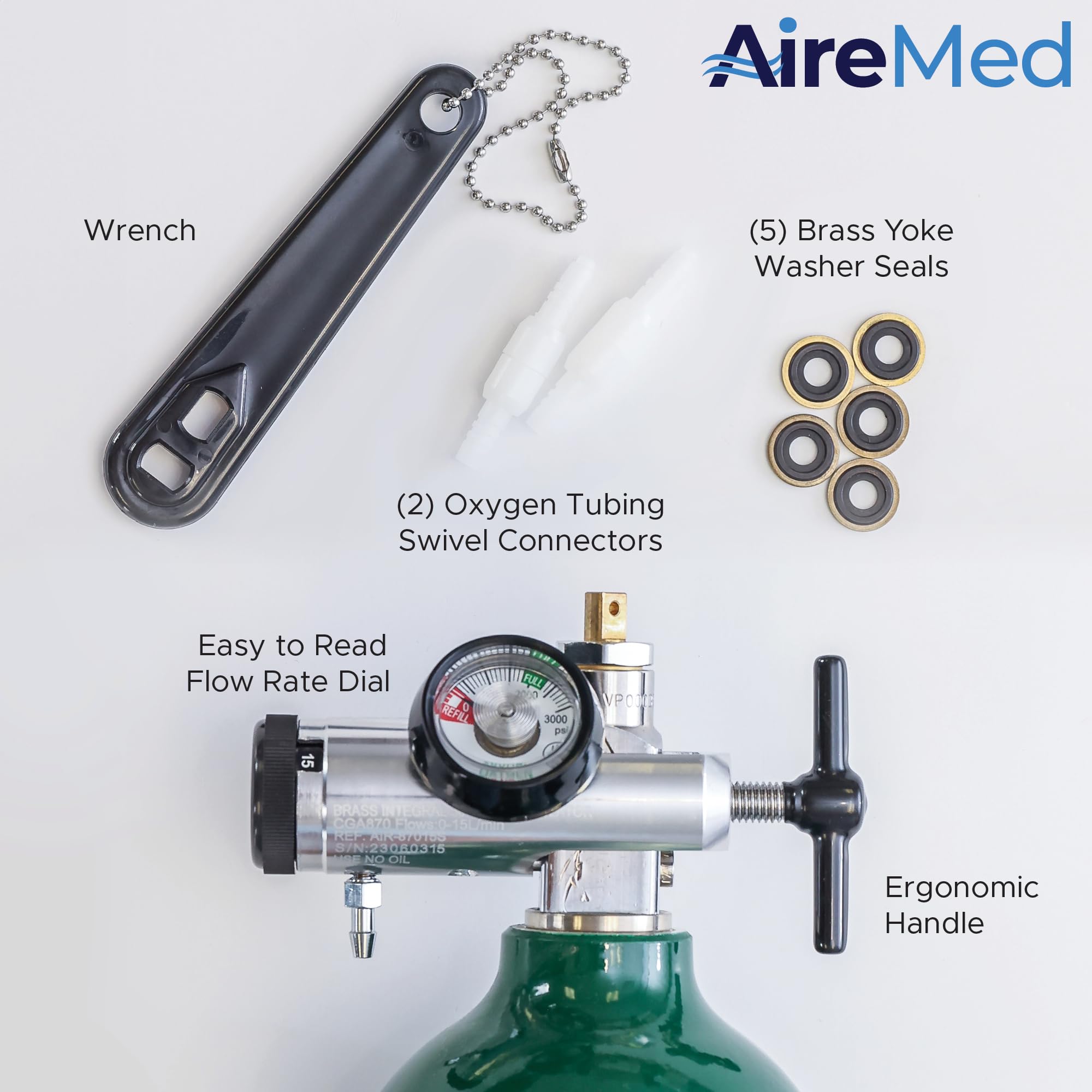 AireMed CGA-870 connection ensures compatibility with common cylinders.