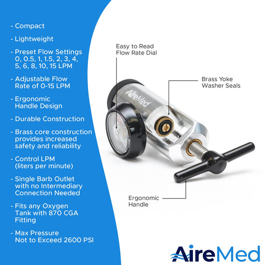 AireMed regulator gauge dial clearly displays flow settings for easy monitoring.