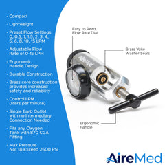 AireMed regulator gauge dial clearly displays flow settings for easy monitoring.