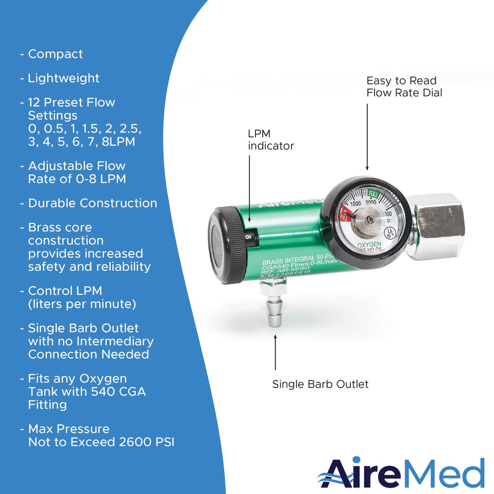AireMed regulator gauge clearly displays flow and cylinder capacity.