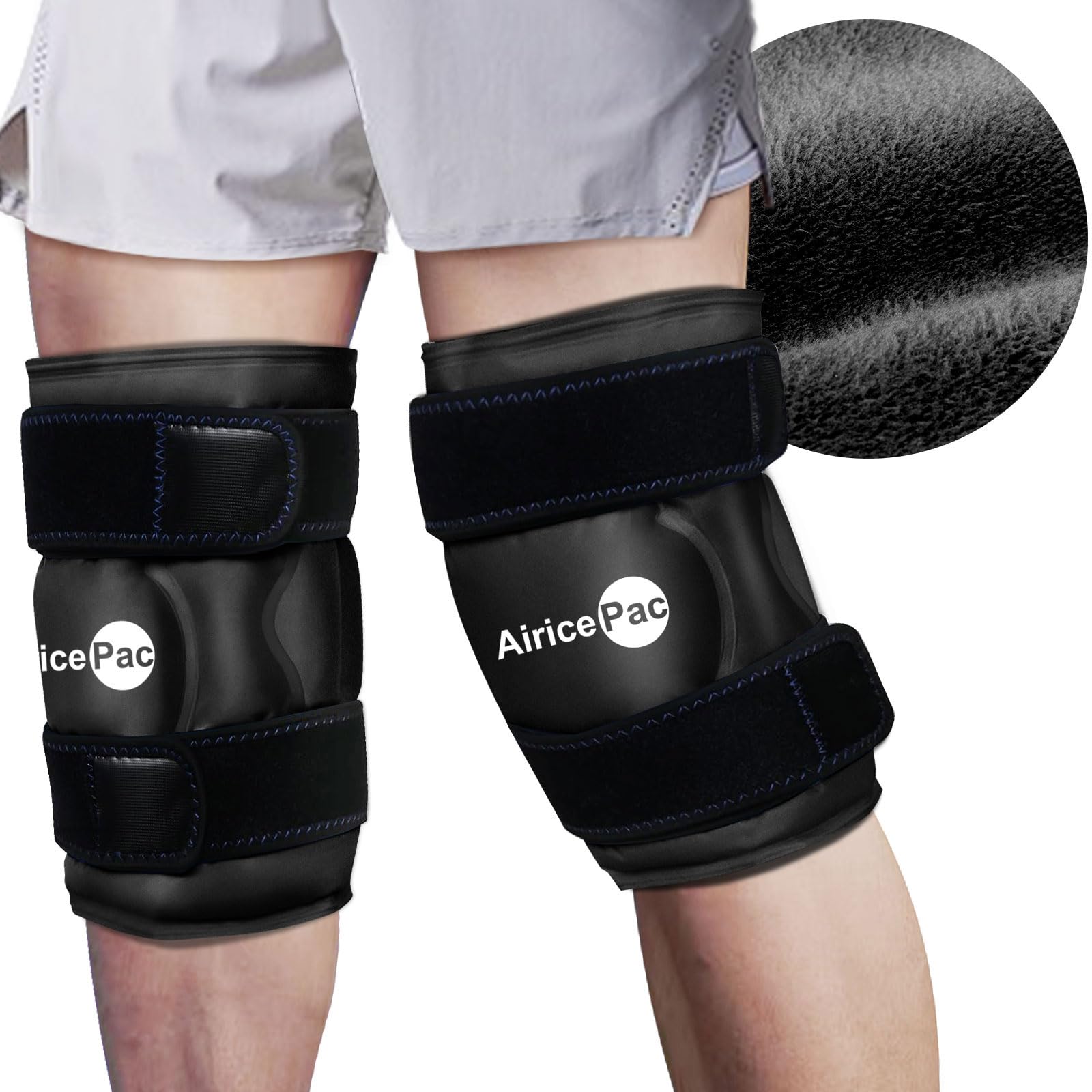AiricePac knee gel ice pack on knee with plush cover for cold therapy.