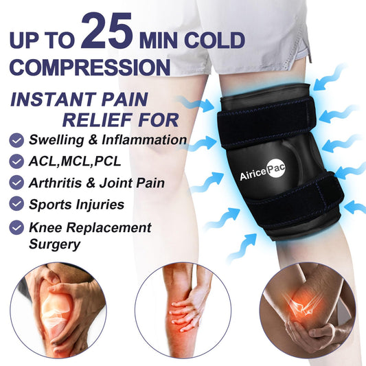 AiricePac knee wrap with dual straps providing hands-free compression.