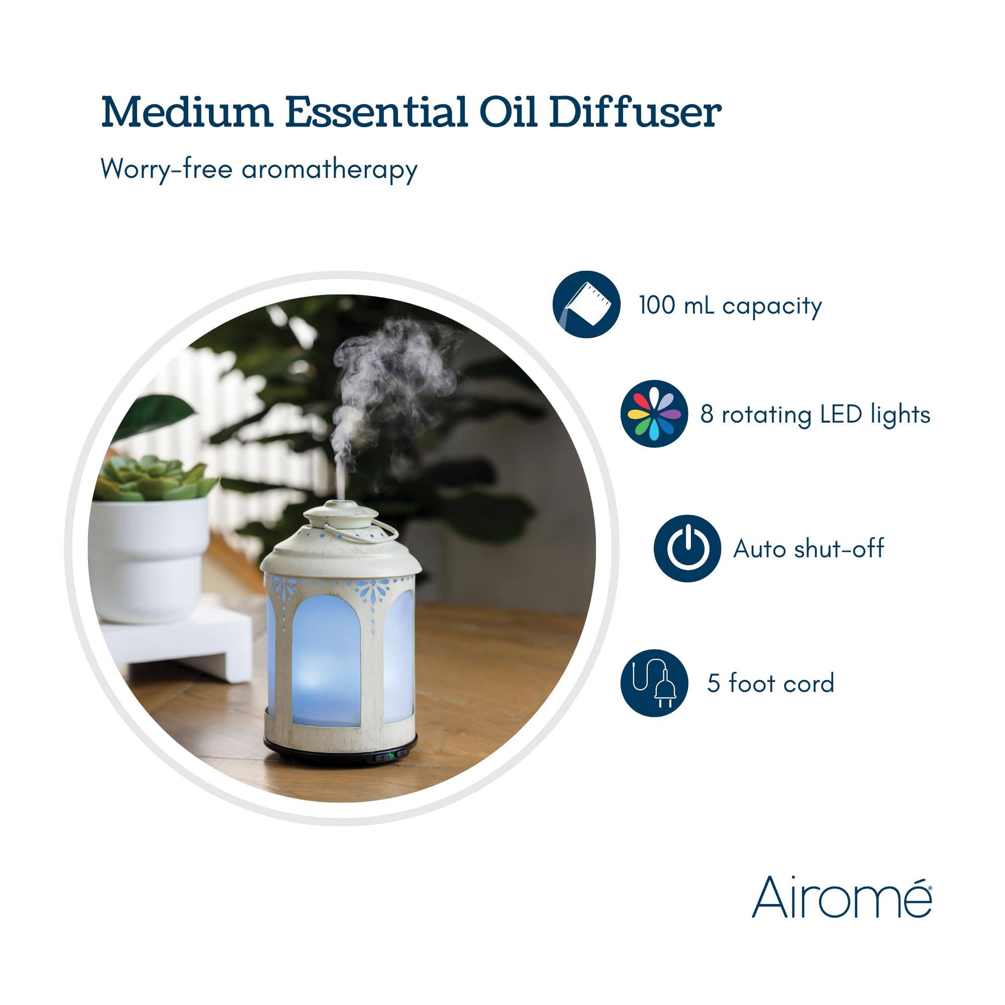 Airome Chelsea diffuser displaying eight-color LED cycle for mood lighting