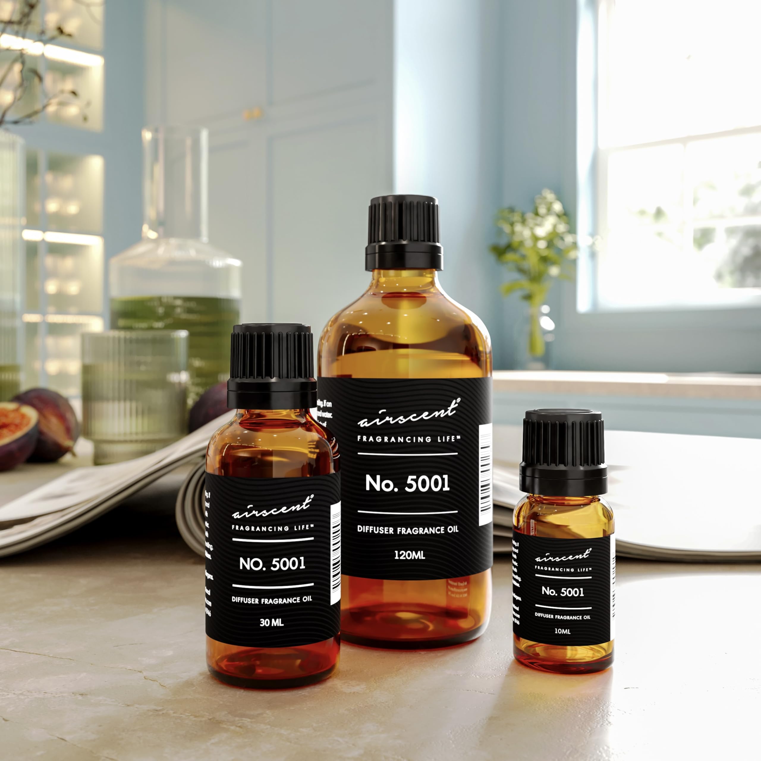 Air-Scent Bac Rouge diffuser oil glass bottle close-up with premium display appeal