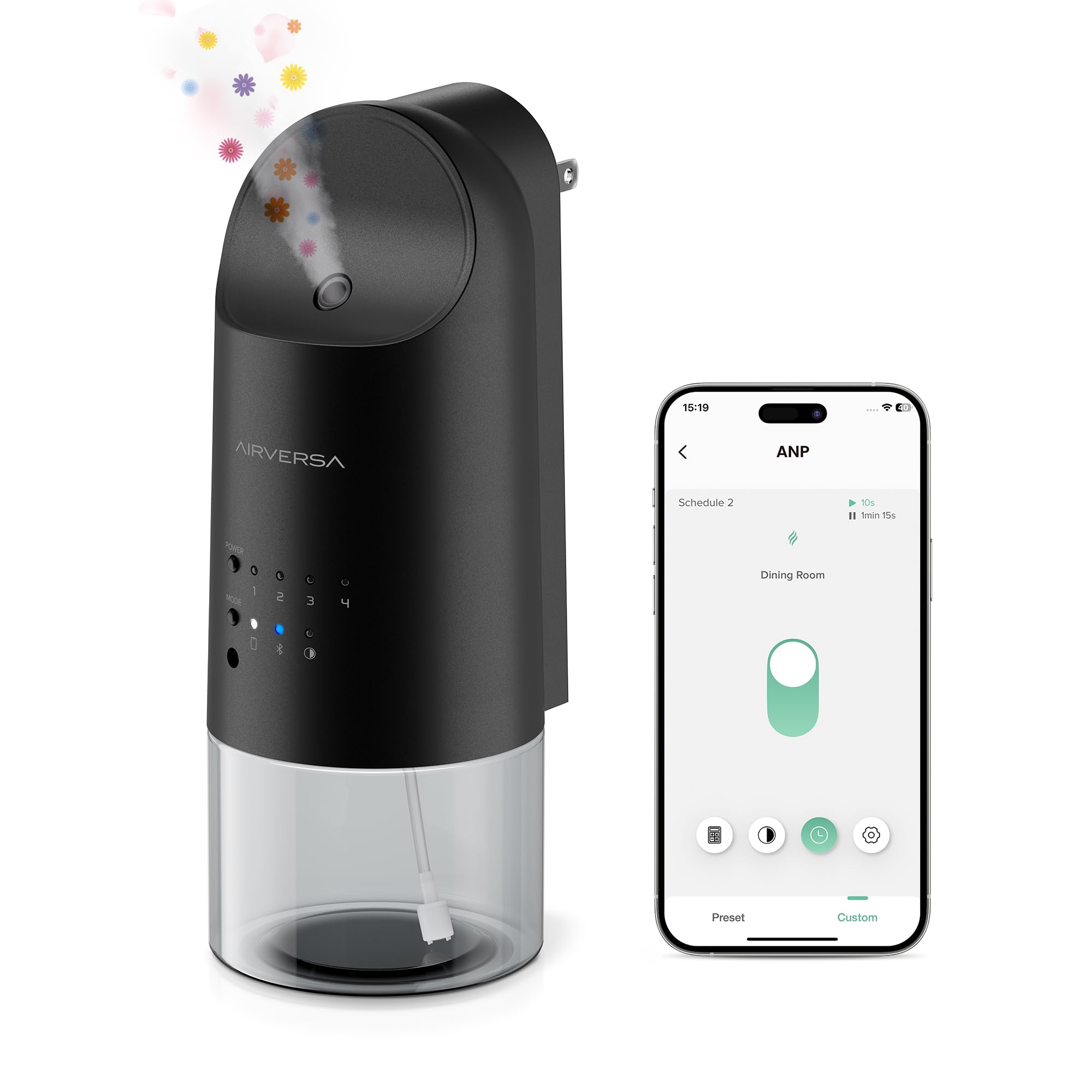 Airversa smart wall diffuser plugged in delivering continuous fragrance across rooms up to 800 sq ft
