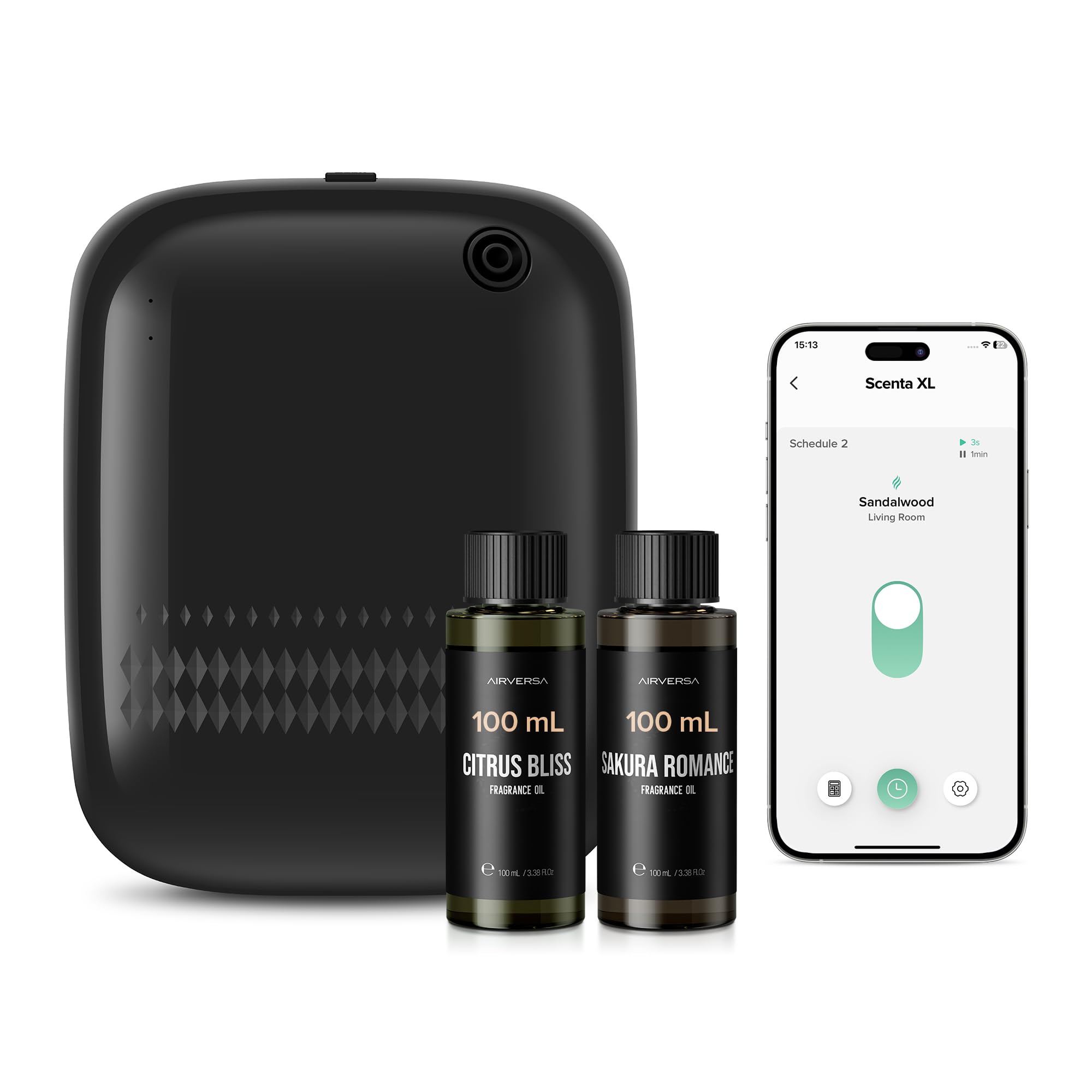Airversa Smart Waterless Diffuser displaying 400 ml capacity for continuous scent coverage in a large room.