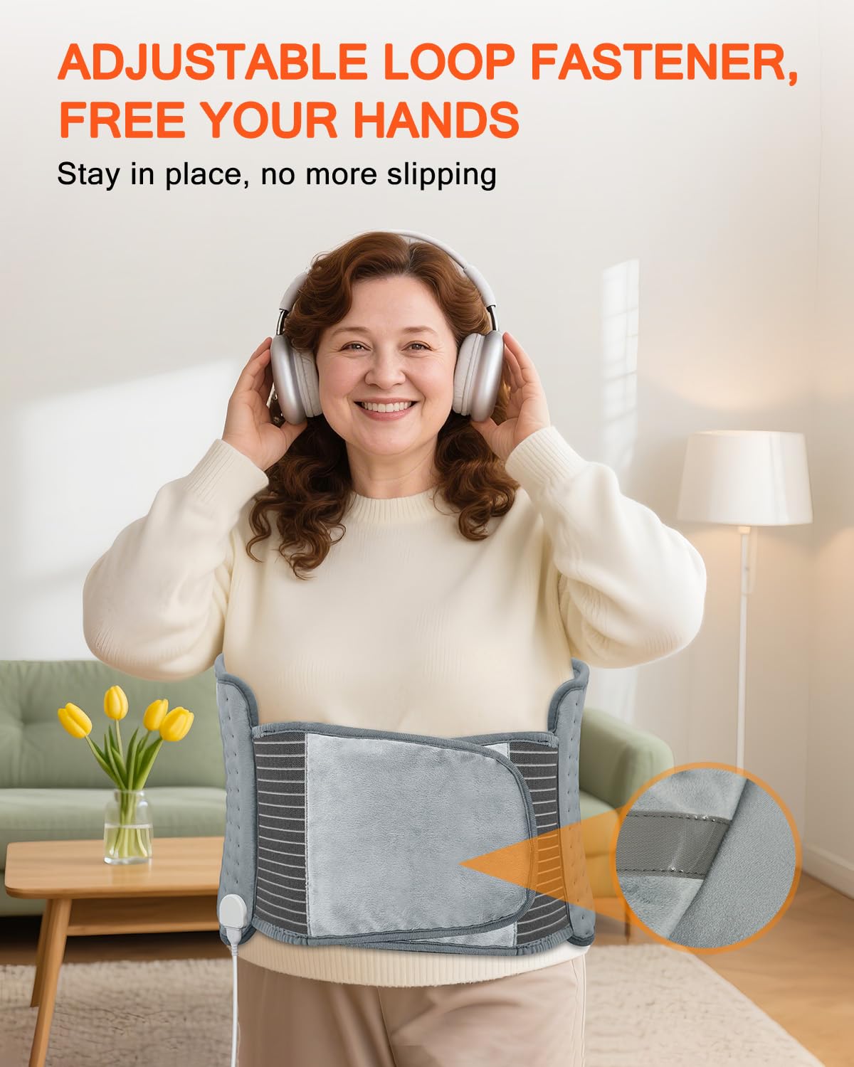AiTechny heating pad worn around waist demonstrates secure, portable heat
