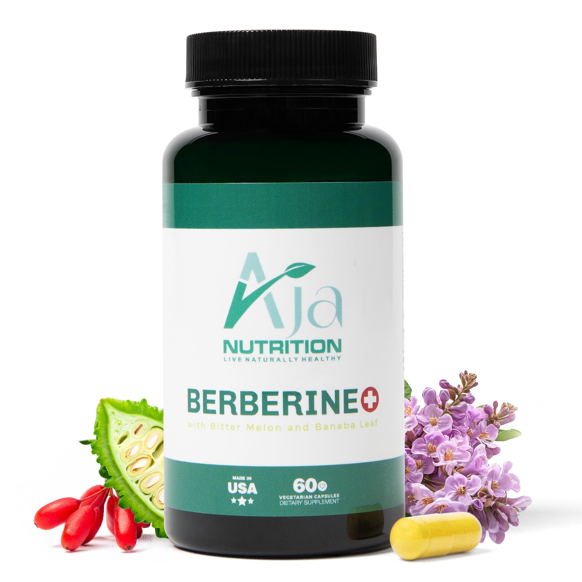Aja Nutrition Berberine Plus bottle front with vegan packaging for daily metabolic support.