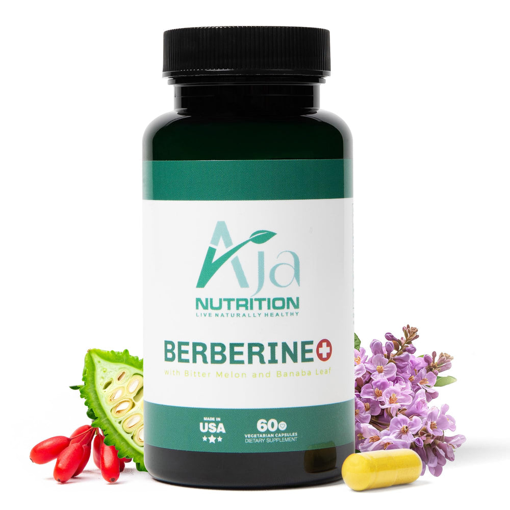 Aja Nutrition Berberine Plus bottle front with vegan packaging for daily metabolic support.