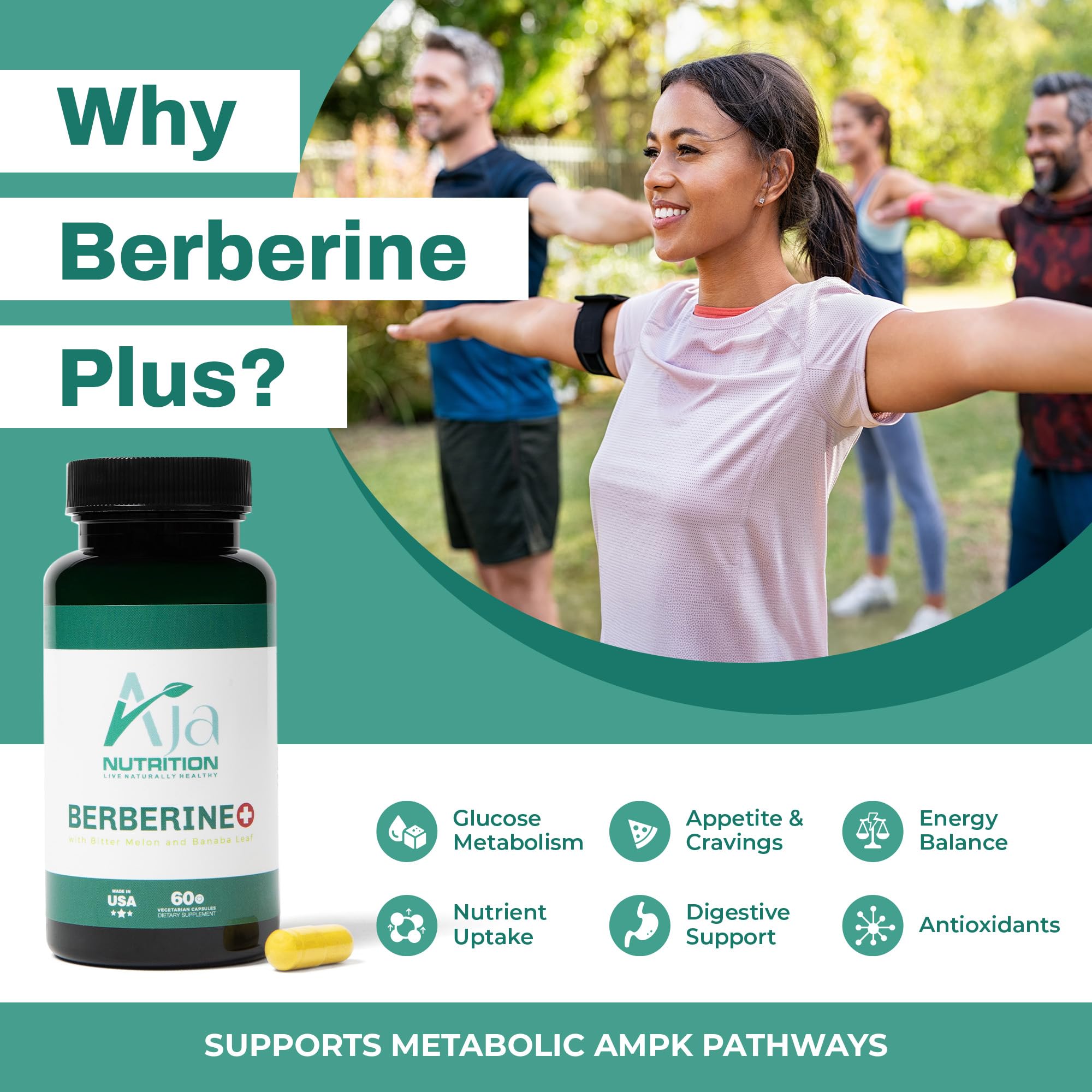 Aja Nutrition Berberine Plus ingredients panel featuring Berberine HCL, Bitter Melon, Banaba Leaf.