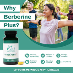 Aja Nutrition Berberine Plus ingredients panel featuring Berberine HCL, Bitter Melon, Banaba Leaf.
