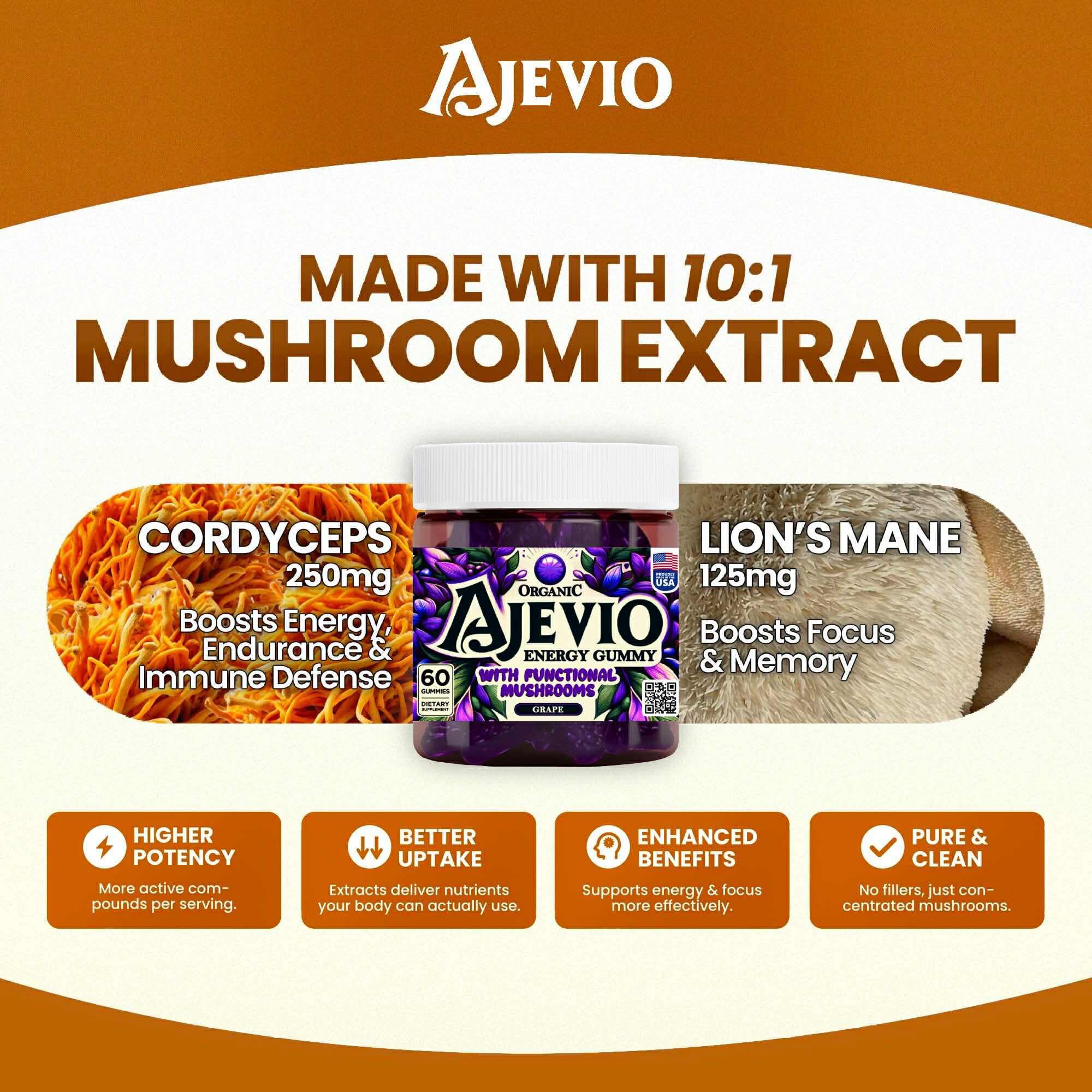 AJEVIO grape gummies packaging highlights plant-based energy for busy days