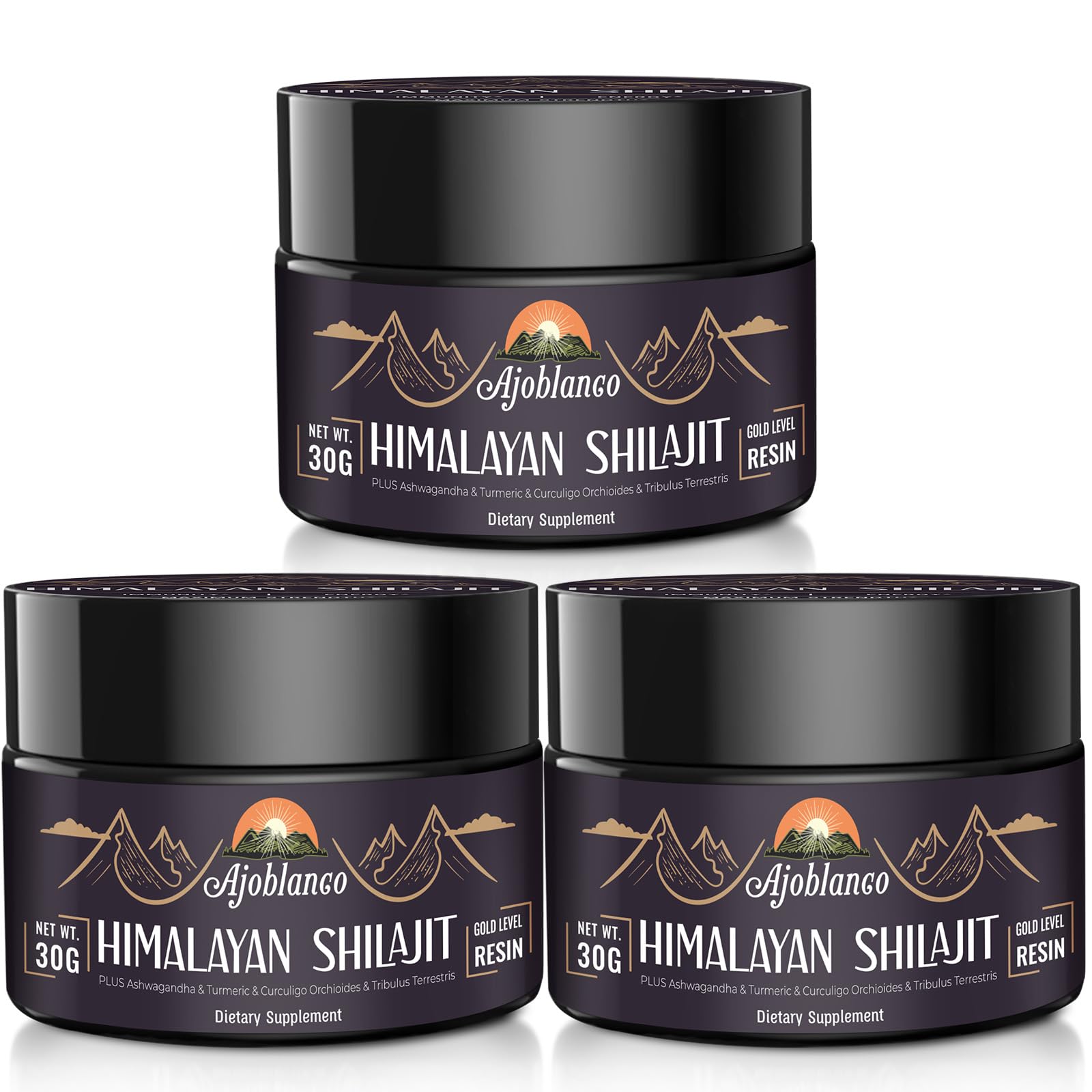 Ajoblanco Himalayan Shilajit Resin 600mg jar glowing with minerals for daily energy.
