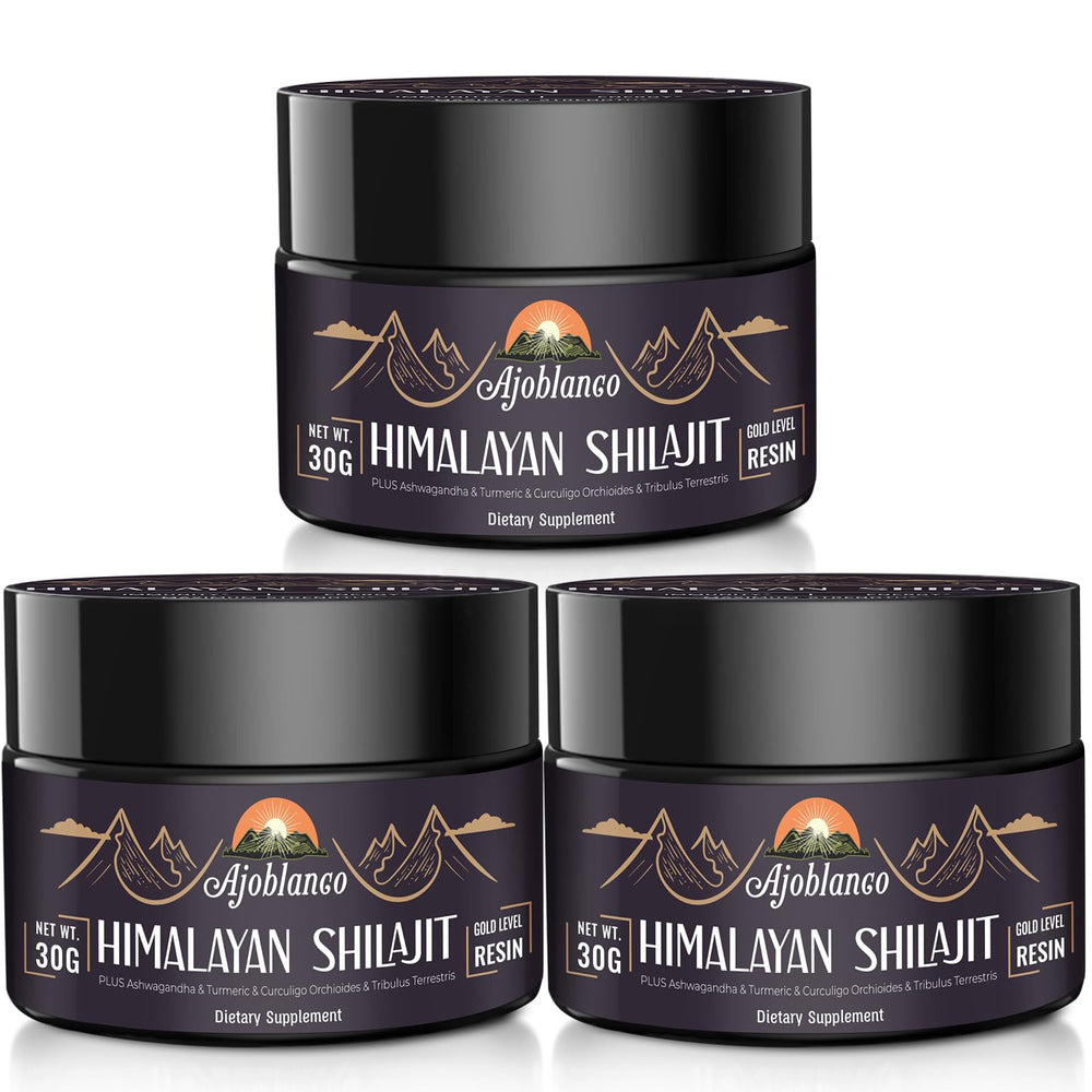 Ajoblanco Himalayan Shilajit Resin 600mg jar glowing with minerals for daily energy.