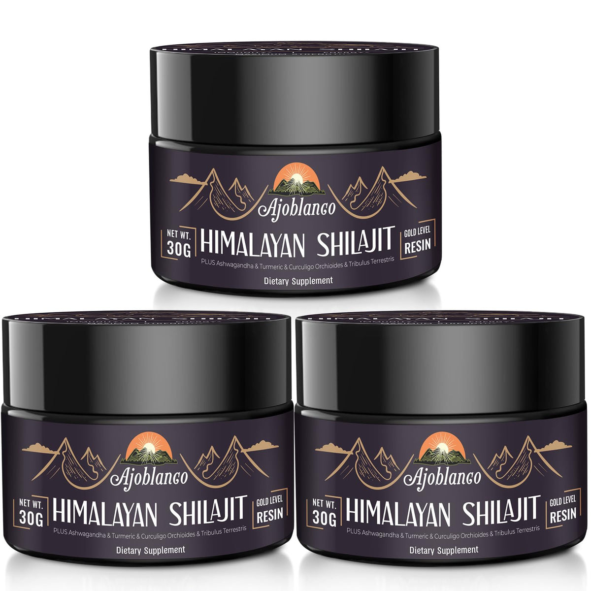Ajoblanco Himalayan Shilajit Resin 600mg jar glowing with minerals for daily energy.