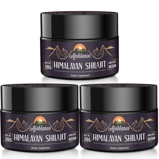 Ajoblanco Himalayan Shilajit Resin 600mg jar glowing with minerals for daily energy.