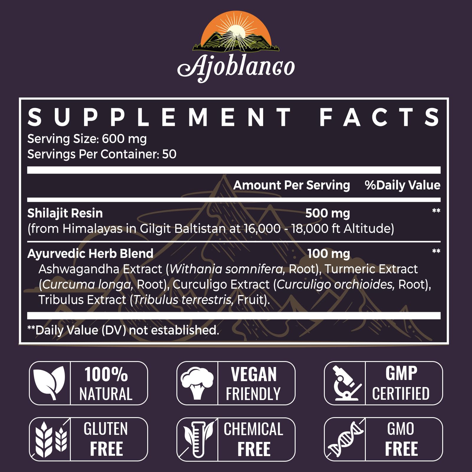 Ajoblanco Himalayan Shilajit resin bottle front signaling high-potency mineral support.