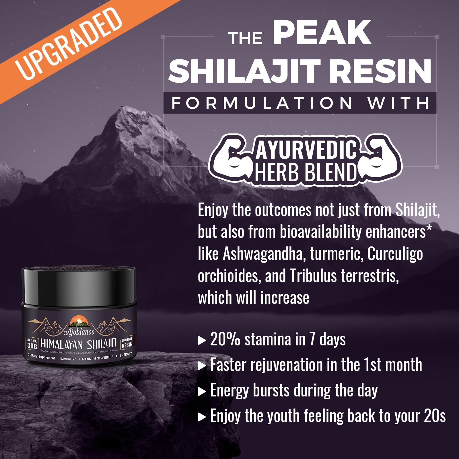 Ajoblanco Shilajit Resin with minerals and fulvic acid on a glossy surface.